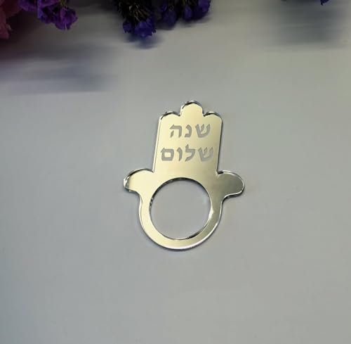 Set of 10 Shabbat Shalom Napkin Ring,Hamsa Napkin Ring,Mirrored Napkin Holders for Jewish Festival,Holiday&Party Table Decoration (Silver, Style 2)