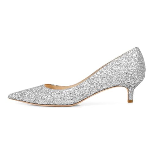 miss left Women Glittering Low Heels Closed Pointy Toe Sequined Pump Kitten Heel Slip On Wedding Bridal Dressy Shoes Size 4-16 US2