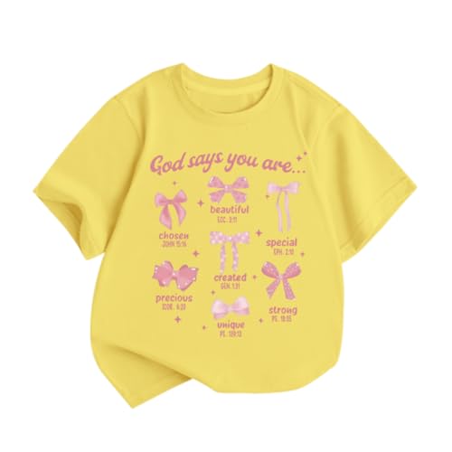 KEEVICI Cute Girls Bow God Shirt Christian Graphic Tees Jesus Shirts for Kids Bible Verse Inspirational Religious T Shirts(Yellow,140)