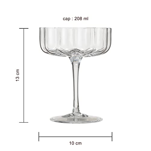 Khen Flower Vintage Wavy Glass Coupes Martini , Champagne & Cocktail Coupes - Set of 2 - 7oz Colorful Cocktail Glasses & Champagne , Prosecco , Mimosa Glassware Copyright Design - Crystal Clear - Thumbnail 3