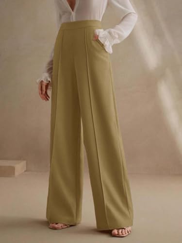 Image of KOTTY Women's High Waist Flared Wide Leg Trousers - Stylish Cotton Linen Palazzo Pants for Office Wear, Casual, and Straight fit