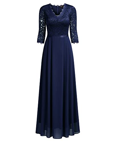 Missmay Women's Formal Floral Lace 2/3 Sleeves Long Evening Party Maxi Dress (Large, Navy Blue) #TOP2
