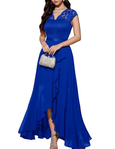 Bbonlinedress Abendkleider elegant für Hochzeit Damen Spitze Chiffon Vokuhila Abschlusskleid lang Brautkleid Party Royal Blue M