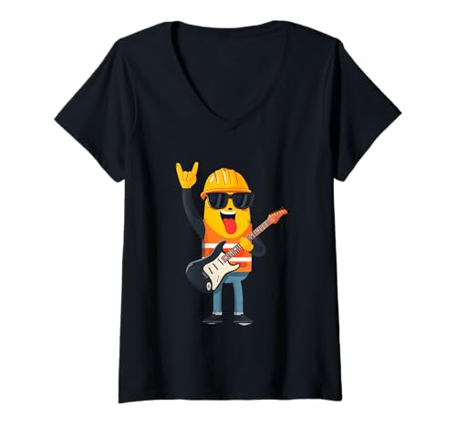 Damen Lustiges Minion Bauarbeiter Gitarrenspieler-Design T-Shirt mit V-Ausschnitt Damen Lustiges Minion Bauarbeiter Gitarrenspieler-Design T-Shirt mit V-Ausschnitt