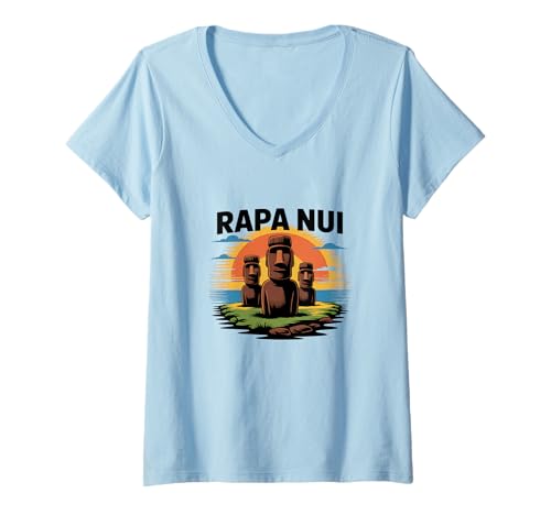 Womens Rapa Nui Easter Island Moai Sunset Tribal Art V-Neck T-Shirt