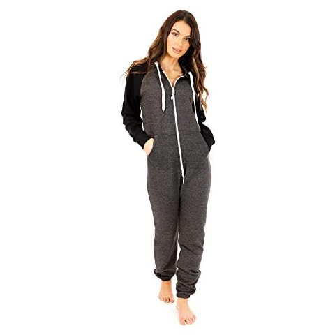 newfacelook Womens Onesies One Piece Hooded Pajamas for Adults Non Footed Solid Color Ladies Onesie Playsuit Charcoal Cover