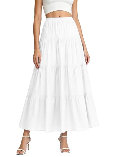 ATOFY Womens Boho Maxi Skirt Summer Flowy Long Tiered A-Line Elastic High Waist Pleated Beach Skirt(White X-Small)