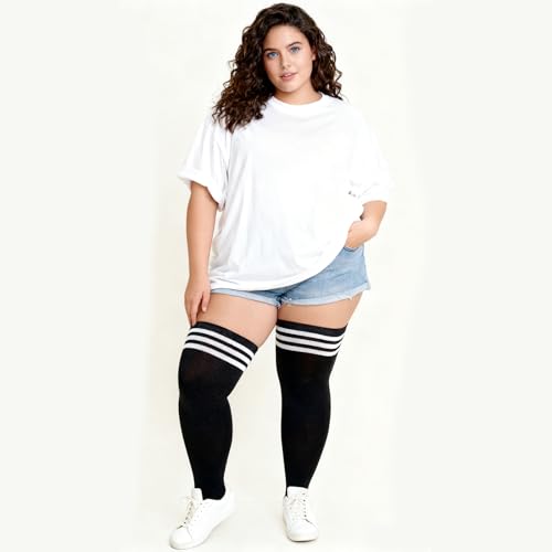Image of YELAIVP Plus Size Thigh High Socks Extra Large Stripe Over Knee High Stockings for Women