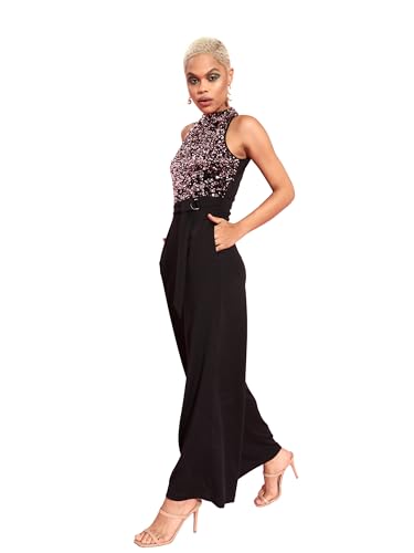 Image of Miss Chase Women's Halter Neck Sleeveless Solid Wide Leg Sequin Paneled Regular Length Jumpsuit
