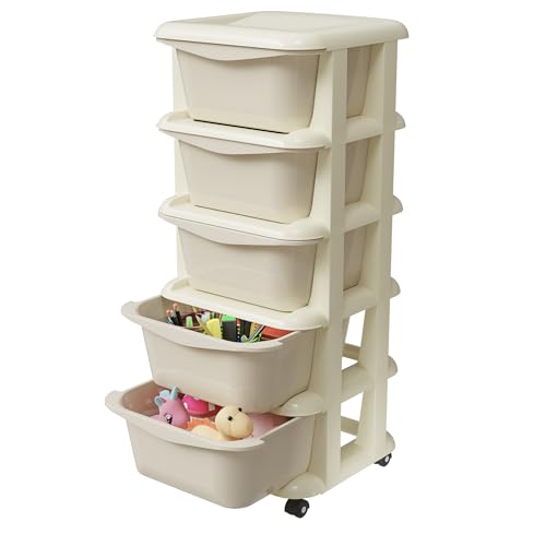 Image of TEX-RO Modular Drawer Storage Organizer | Plastic Chest of Drawers for Kitchen Storage Cabinet | Multi-Layer Storage Drawer Cabinet & Drawers Organisers for Home, Office, Kids (Cream, 5 Layer)