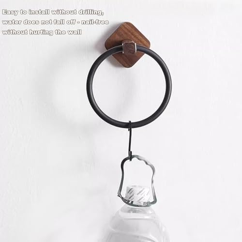 Walnut Towel Ring Wall Mounted Hand Towel Holder No Drill Design Round Bath Towel Hanger Elegant White Base Space Saving Accessory