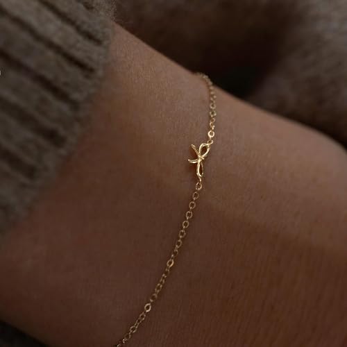 Gold Silver Bow Bracelet for Women Waterproof, 14K Plated Dainty Thin Tiny Mini Adjustable Chain Trendy Fashion Accessories Jewelry Gift for Womens Daughter Mom Christmas Stocking Valentines3