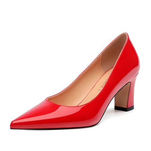Women's Pumps, Pointed Closed Toe Mid Heels, Slip On Patent Shoes for Working Partying Wedding