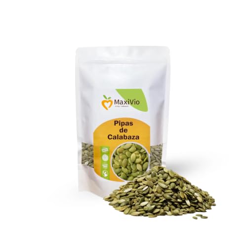 Semillas de Calabaza Peladas MaxiVio 1 kg | 24,5% Proteínas y 5,3% Fibra | Naturales y Non GMO | Para Snacks, Ensaladas, Repostería y Cocina