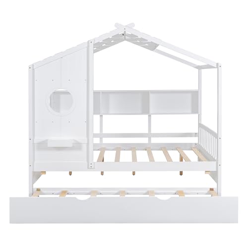 Image of Full Size House Bed with Roof and Window for Kids, Wooden Playhouse Bed with Storage Shelves and Trundle for Bedroom Furniture Girls & Boys (White /T2)