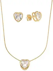 Conjunto Colar e Brinco Coração com Pedra de Zircônia Banhados a Ouro 18k