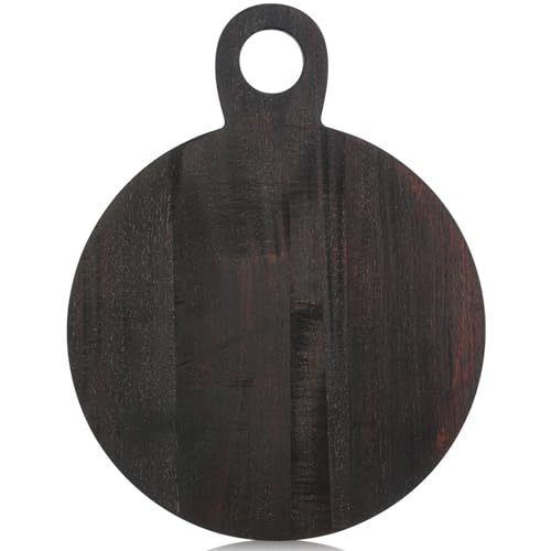 Image of 1 Pcs Acacia Wood Cutting Board with Handle 16.9'' Round Charcuterie Chopping Board for Pizza Cheese Meat Decorative Black Wooden Serving Tray for Kitchen and Dining Room