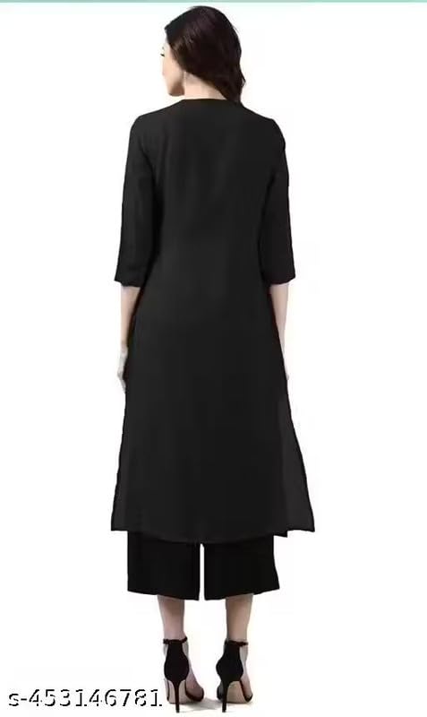 Image of Women's A-Line Solid Cotton Blend Kurta with Pant & Dupatta Set Krishiv Black S 204