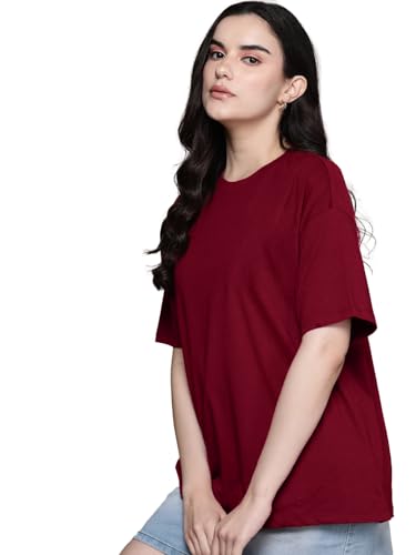 Image of LEOTUDE Women's cotton Oversized Fit Oversized Half Sleeve Tshirt, Round Neck Longline Drop Shoulder Solid T-Shirt