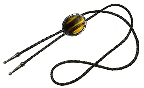 Image of Moranse Bolo Tie with Natural Tiger Eye Stone Celtic Style Genuine and Cowhide Rope
