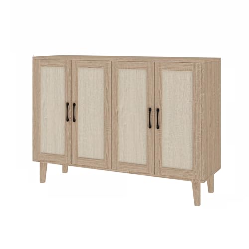 Panana Buffet Storage Cabinet with Rattan Decorating 4 Doors Living Room Kitchen Sideboard 48.43 x...