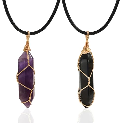 LEPGUYO 2 Collares Colgantes Piedra de Curación   Hexágono Reiki Péndulo Chakra, Collar Pareja San Valentín, Péndulo Adivinación Amatista