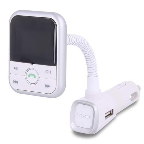 Cargador Manos Libres Mechero Coche con LCD, MP3 USB Transmisor FM, Bluetooth, Blanco - Plata