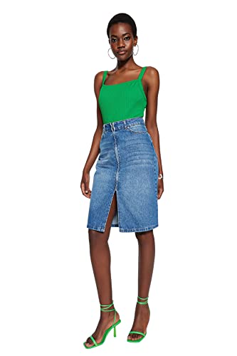Trendyol Falda Vaquera Midi Acampanada para Mujer, Azul, 62