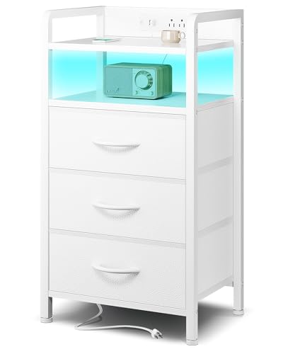 Lazzanto Night Stand Bedside Charger Bedroom - Nightstand with Charging Station Bed Side Table with LED Light Strip End Table with U-S-B Ports & AC Outlets Storage Shelf & 3 Fabric Drawers White