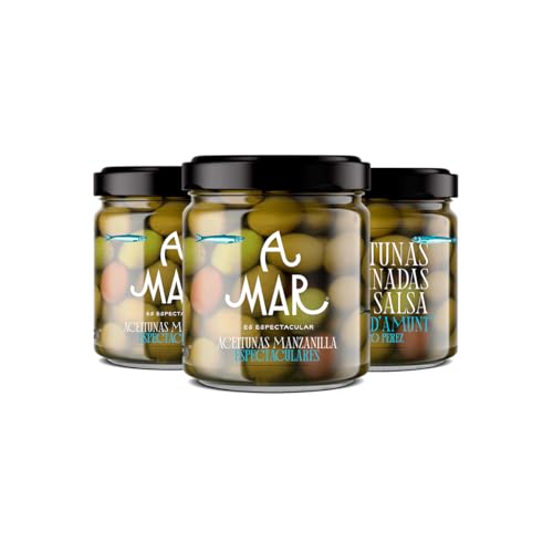 Pack 3 Botes de Aceitunas Gordal A Mar Espectacular 370g – Marinadas con salsa A Mar d’Amunt by Paco Pérez - Aceitunas gourmet con aceite de oliva virgen extra y matices marinos - Sabor mediterráneo