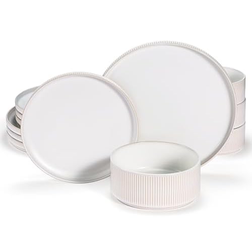 Ceramic Dinnerware Set, by Vase and Vessel, 12-Piece Service for 4, 9.8” Dinner Plates, 8” Salad Plates, 20 oz Bowls, Ombre Reactive Glaze, Durable Stoneware, Microwave & Dishwasher (Powder White)