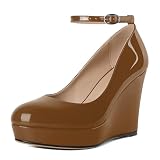 Eldof Wedges for Women Mary Jane Closed Toe Ankle Strap Platform High Heel Wedge Pumps Shoes 4 Inches Patent Brown US Size 9