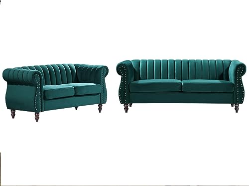 Vente-unique - Canapés Chesterfield 3 Places et 2 Places en Velours Vert émeraude Trumbo