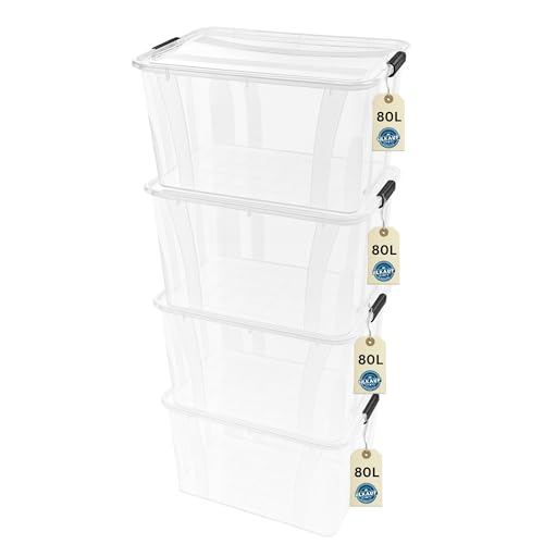 Aufbewahrungsboxen 4x 80Liter mit Deckel lebensmittelecht - Verschlussclips - 100% Neumaterial Plastik-Box transparent - Kleiderboxen stapelbar & HLKauf-Block