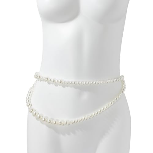 Double Layers Chain Belt for Women Faux Pearl Waist Chain with Clasp for Skinny Dress Pants, Ivory4