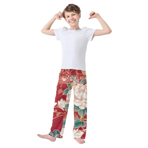 ZZXXB Peony Floral Print Boys Long Pants Soft Trousers Elastic Waist Kids Lounge Bottoms with Pockets S-XL3