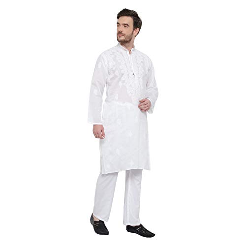 Image of Lucknow Chikan Men's White Pure Cotton Kurta Pajama Set, Full Booty (44)
