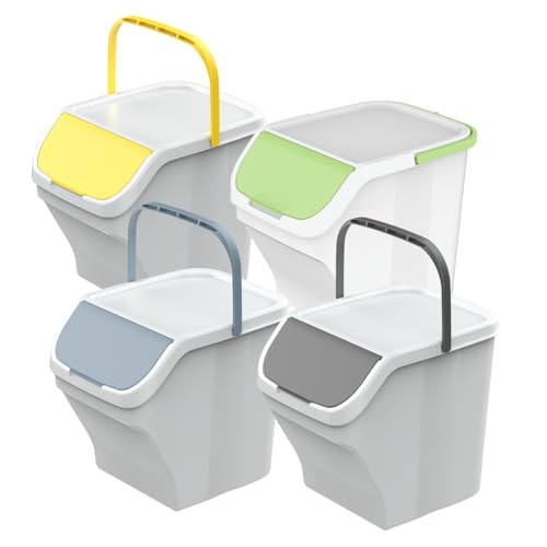 eacommerce - Pattumiera Contenitore 25L | Raccolta Differenziata | Bidone Modulare con Maniglia (Kit 4 Pezzi, Corpo Bianco)