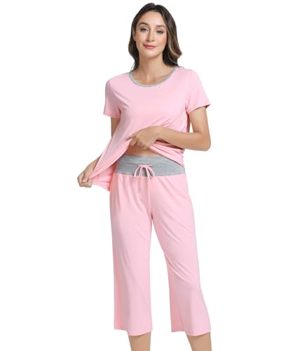 Image of NACHILA Bamboo Viscose Women's Pajamas Sets Short Sleeve Sleepwear and Capri Pants