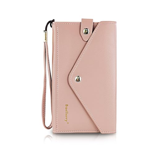 FuninCrea Long Wallet for Woman with Wrist Strap for Cell Phone, Envelope-Shaped Womens Wristlet Wallets Faux Leather Womens Wallet with Card Slots and Zipper Pocket (Pink)