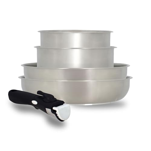 MENASTYL - Batterie de cuisine inox 18/10 amovible 5 pièces Iris Inox sans PFAS - Tous feux dont induction, four, réfrigérateur et lave-vaisselle -...