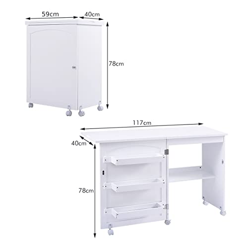 COSTWAY Folding Sewing Table, 2-in-1 Rolling Craft Table with Storage Shelves and Lockable Casters, Space Saving Sewing Machine Cabinet Computer Desk (White)