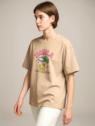 Image of HELLCAT Beige Trendy Printed Oversized T-Shirt for Women