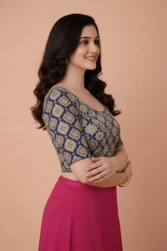 Image of Amazon Brand - Anarva Women's Kalamkari Print Cotton Stretchable Round Neck Readymade Saree Blouse