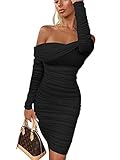 GOKATOSAU Women's Sexy Elegant Ruffle Long Sleeve Off Shoulder Ruched Party Mini Dress Black