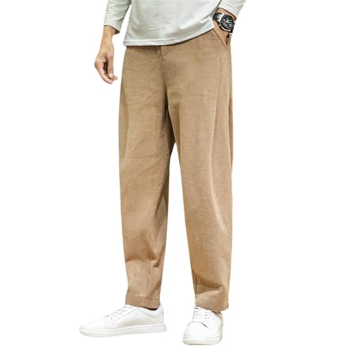 Pantalon en coton et lin de qualité supérieure coupe droite ample