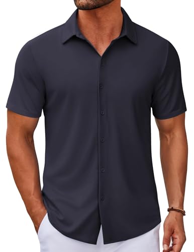 COOFANDY Button Up Short Sleeve Shirts for Men Business Casual Dress Shirt Regular Fit Dark Blue