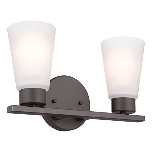 Image of Kichler Stamos 2-Light Bathroom Vanity Light with Satch Etched Glass Shades, 13 inch Modern Wall Light in Olde Bronze, (13 inch x 8 inch x 5 inch)