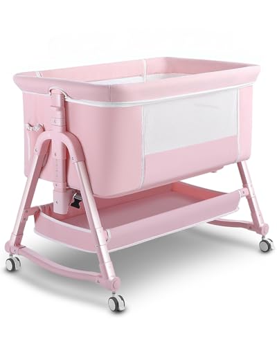 4 in 1 Bedside Bassinet for Baby, Portable Baby Bassinet with Wheels, Baby Crib with Mosquito Net, Storage and Mattress Included, Foldable Travel Bassinet for Baby/Newborn (Pink)
