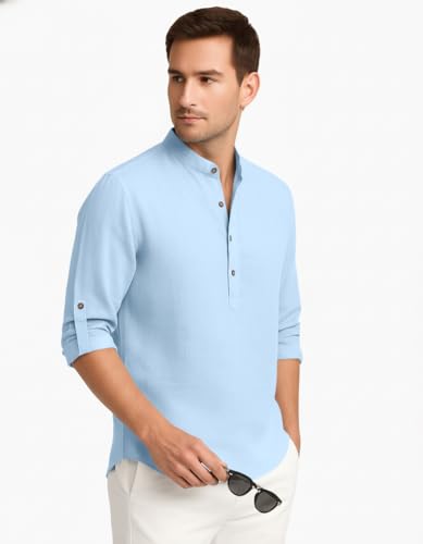 Image of Zombom Men's Cotton Blend Kurta Shirt with Full Sleeves Mandarin Collar Neck Solid Pattern for Men Regular Fit Ethnic Wear Casual Festive Top Modern Style | Cotton Shirt for Mens